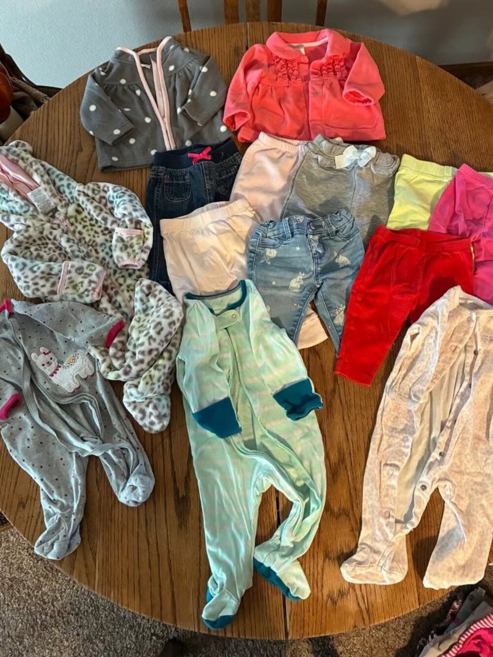 14 item bundle. 3-6 mo girls sleepers, pants, jackets & snowsuit, like New